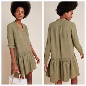 NWOT Anthropologie MAEVE Olive Green Gauze long sleeve relaxed dress size US 4
